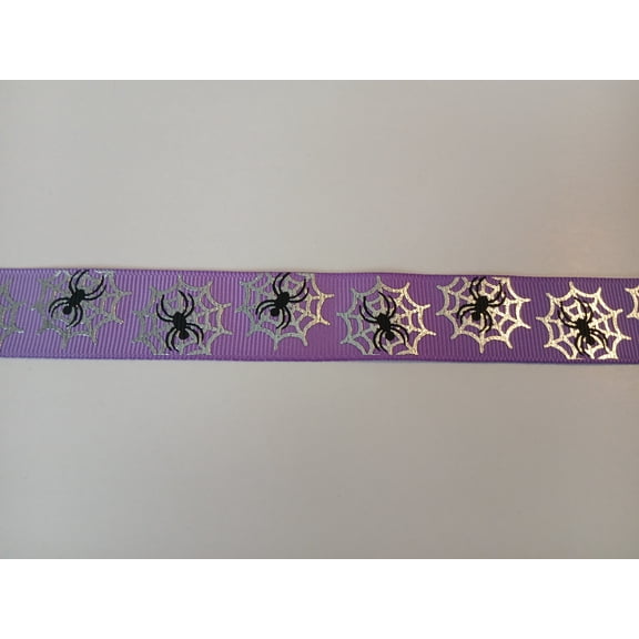 Grosgrain Ribbon Printed Black Spiders Silver Webs on Purple 3 Yards 7/8 Inch Wide