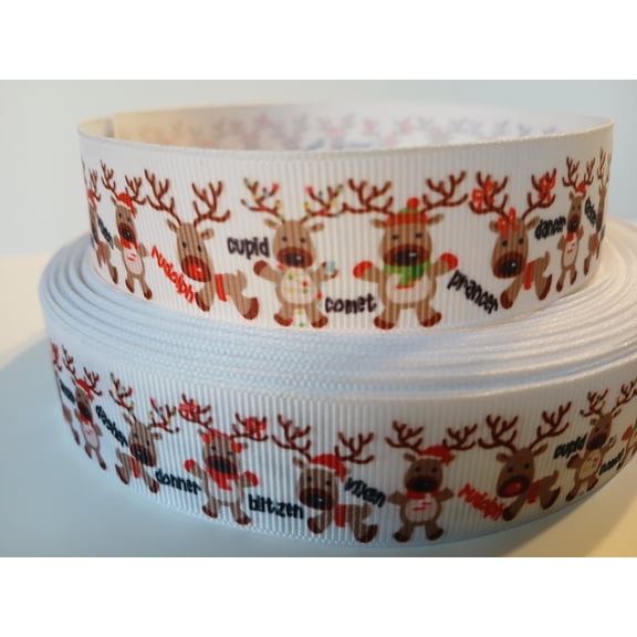 Grosgrain Ribbon Printed Christmas Cartoon Reindeer Names, 3 Yards (9 Feet) 1 Inch Wide