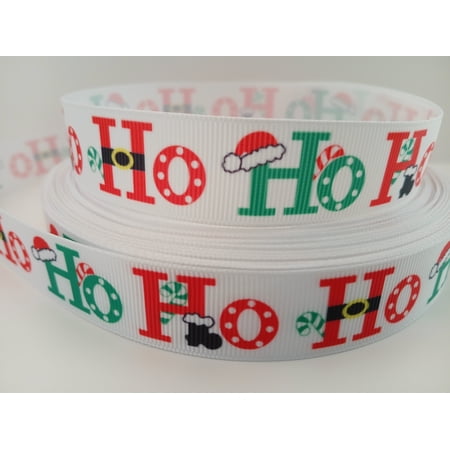 Grosgrain Ribbon Printed Christmas Ho Ho Ho on White, 3 Yards (9 Feet) 7/8 Inch Wide