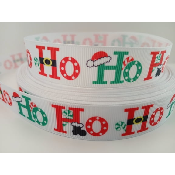 Grosgrain Ribbon Printed Christmas Ho Ho Ho on White, 3 Yards (9 Feet) 7/8 Inch Wide