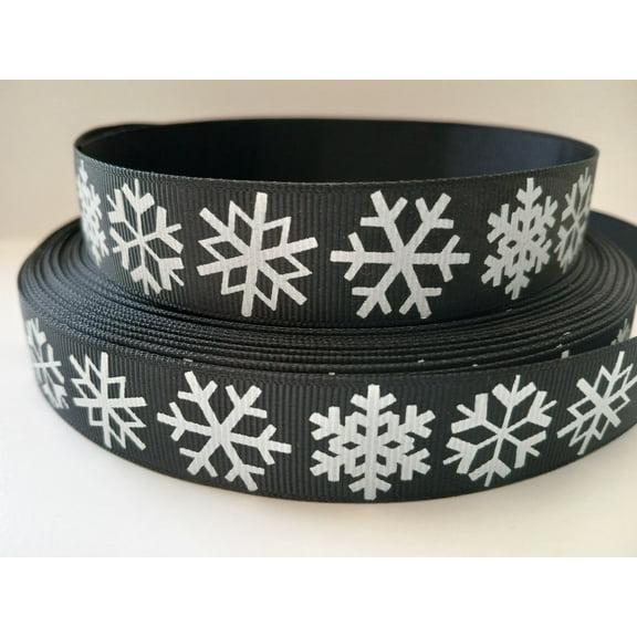 Grosgrain Ribbon Printed Christmas Large White Snowflakes on Black, 3 Yards 7/8 Inch Wide