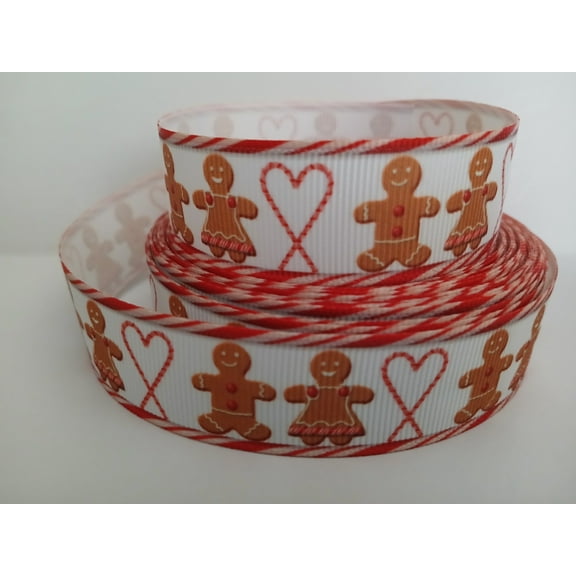 Grosgrain Ribbon Printed Christmas Mr. and Mrs. Gingerbread Man with Candy Cane Heart, 3 Yards (9 Feet) 7/8 Inch Wide