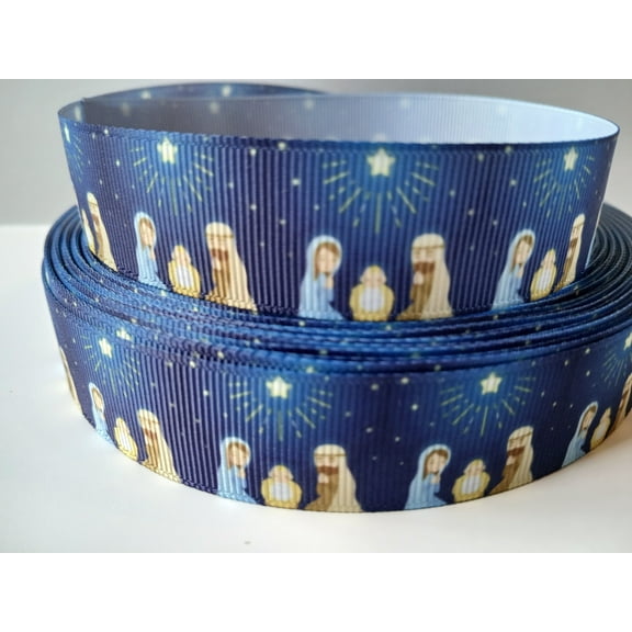 Grosgrain Ribbon Printed Christmas Nativity Joseph Mary Baby Jesus Star, 3 Yards 7/8 Inch Wide