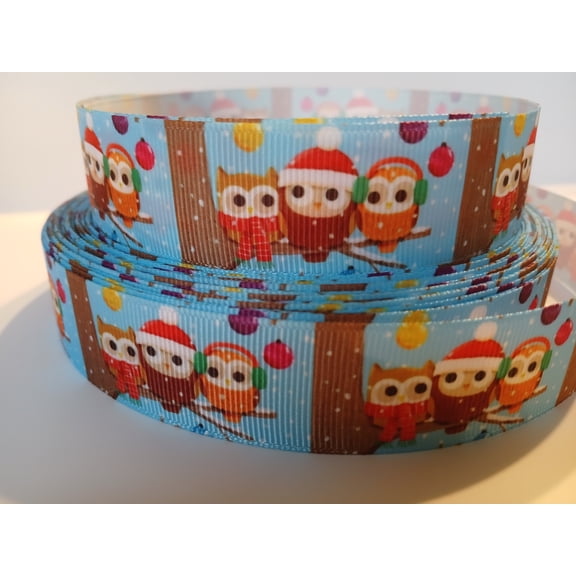 Grosgrain Ribbon Printed Christmas Owl Family on Tree Branch Ornaments, 3 Yards (9 Feet) 1 Inch Wide