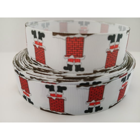 Grosgrain Ribbon Printed Christmas Santa Claus Boots Legs Down Chimney, 3 Yards (9 Feet) 7/8 Inch Wide