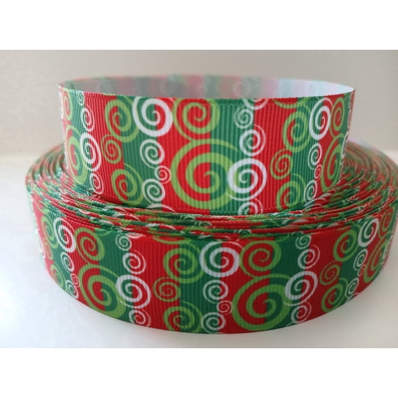 Grosgrain Ribbon Printed Christmas Swirls Design Red Green White, 3 Yards 1 Inch Wide