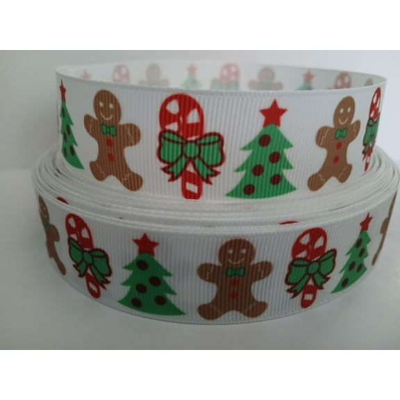 Grosgrain Ribbon Printed Christmas Trees Candy Canes Gingerbread Man, 3 Yards (9 Feet) 1 Inch Wide
