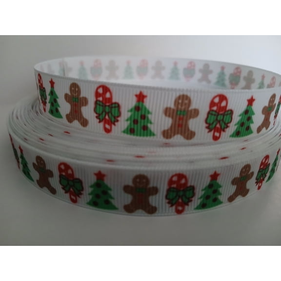 Grosgrain Ribbon Printed Christmas Trees Candy Canes Gingerbread Man, 3 Yards (9 Feet) 5/8 Inch Wide