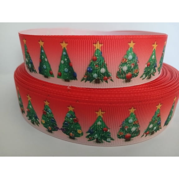 Grosgrain Ribbon Printed Christmas Trees with Yellow Star, 3 Yards (9 Feet) 1 Inch Wide