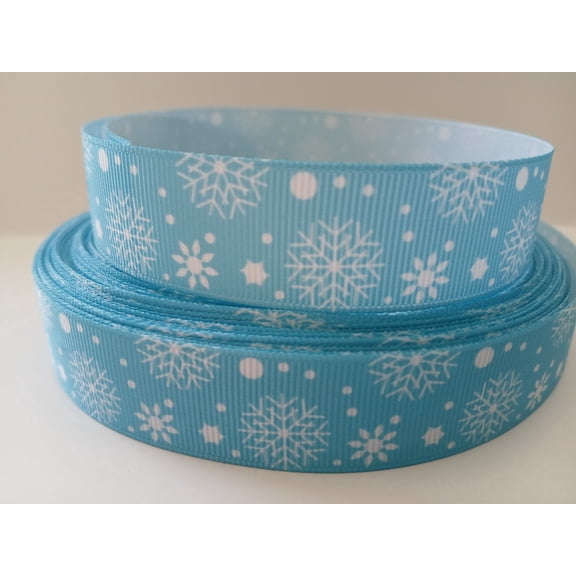 Grosgrain Ribbon Printed Christmas White Snowflakes on Light Blue, 3 Yards 7/8 Inch Wide