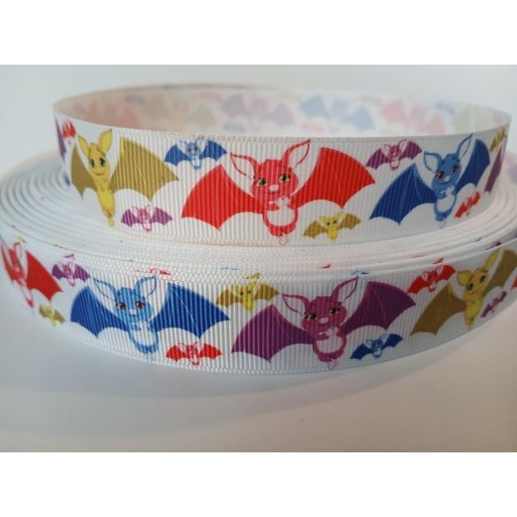 Grosgrain Ribbon Printed Colorful Bats Flying on White 3 Yards 7/8 Inch Wide