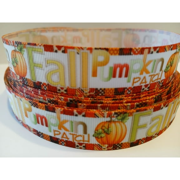 Grosgrain Ribbon Printed Fall Pumpkin Patch with Pumpkins and Border Thanksgiving 3 Yards 7/8 Inch Wide