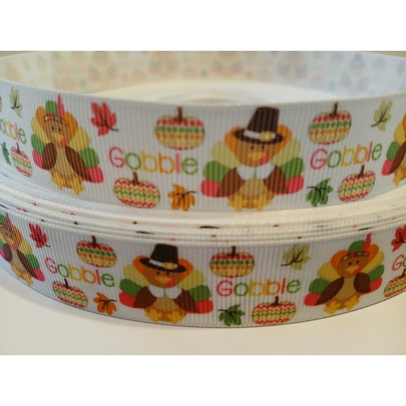 Grosgrain Ribbon Printed Gobble Pilgrim and Indian Turkey with Leaves Pumpkins 3 Yards 7/8 Inch Wide