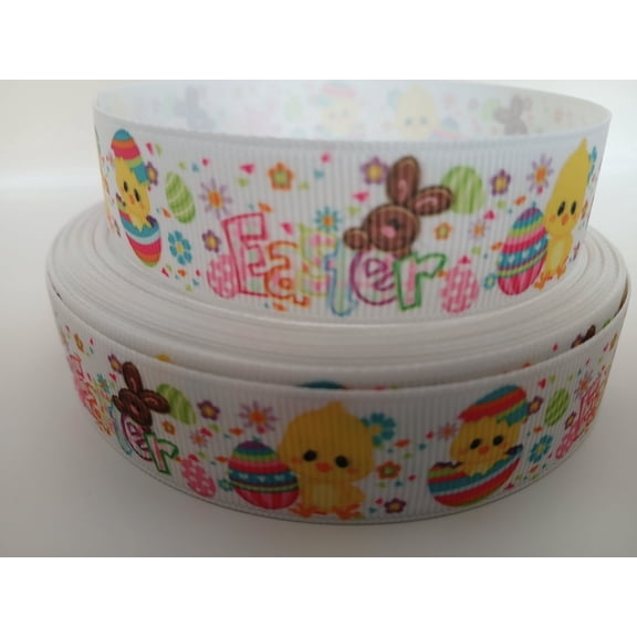 Grosgrain Ribbon Printed Happy Easter Chicks In Eggs Chocolate Bunnies, 3 Yards (9 Feet) 7/8 Inch Wide
