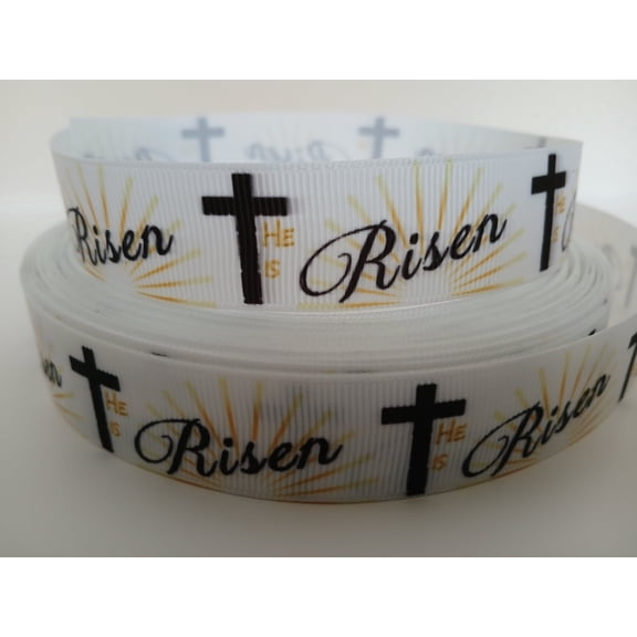 Grosgrain Ribbon Printed Happy Easter He Is Risen With Cross, 3 Yards (9 Feet) 7/8 Inch Wide