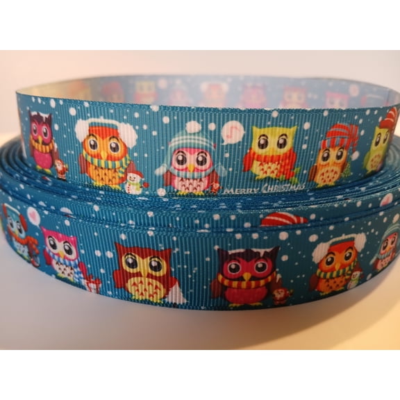 Grosgrain Ribbon Printed Merry Christmas Owls Snowflakes, 3 Yards (9 Feet) 7/8 Inch Wide