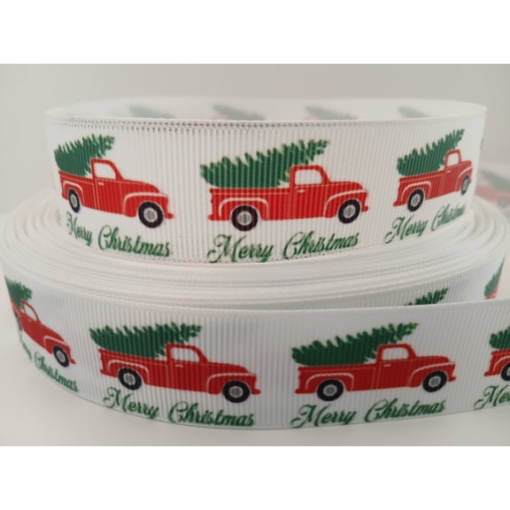 Grosgrain Ribbon Printed Merry Christmas Red Truck Hauling Tree, 3 Yards (9 Feet) 1 Inch Wide