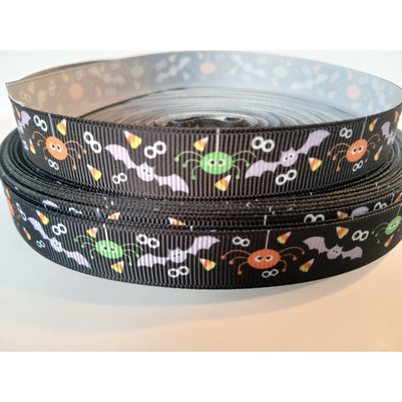 Grosgrain Ribbon Printed Spiders Bats Candy Corn Spooky Eyes on Black 3 Yards 5/8 Inch Wide