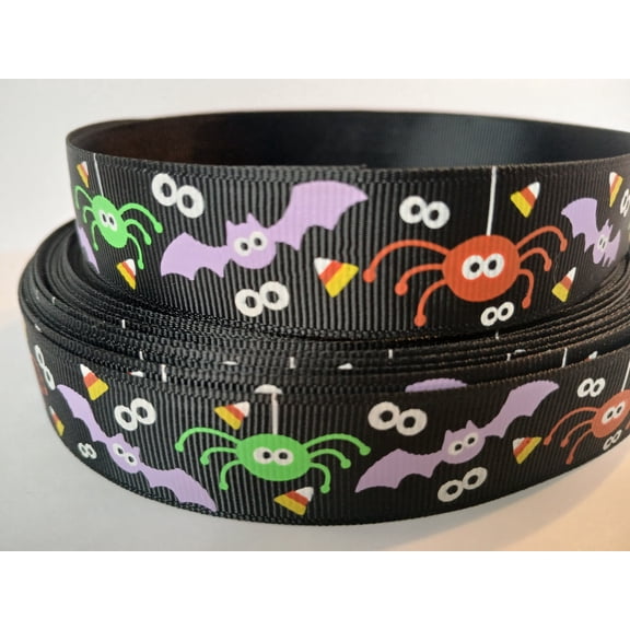 Grosgrain Ribbon Printed Spiders Bats Candy Corn Spooky Eyes on Black 3 Yards 7/8 Inch Wide