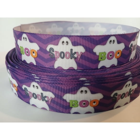 Grosgrain Ribbon Printed Spooky Boo Ghosts on Purple Chevron 3 Yards 7/8 Inch Wide