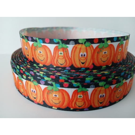 Grosgrain Ribbon Printed Thanksgiving Halloween Pumpkins with Smiling Faces Polka Dots 3 Yards 7/8 Inch Wide