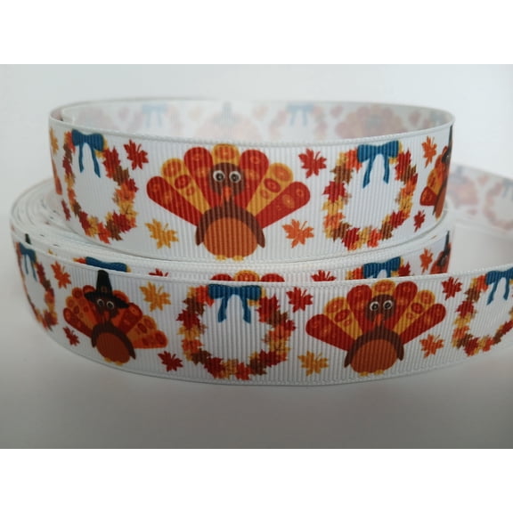 Grosgrain Ribbon Printed Thanksgiving Turkey with Leaf Wreath Fall Leaves 3 Yards 1 Inch Wide