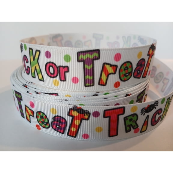Grosgrain Ribbon Printed Words Trick or Treat Halloween 3 Yards 7/8 Inch Wide
