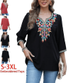 thumbnail image 1 of Grosy Embroidered Tops for Women 3/4 Sleeve V Neck Plus Size Boho Mexican Style Blouse Peasant Tops Women T Shirts Casual Tee Ladies Tunics-3XL/Black/806/G, 1 of 10