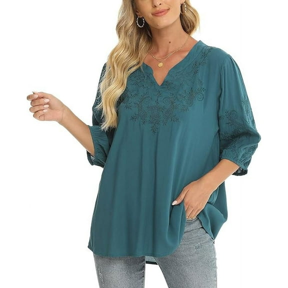 Grosy Womens Plus Size Tops 3/4 Sleeve V Neck Shirts Tunic Casual Floral Embroidered Loose Summer Fall Blouses Mexican Peasant Cotton Rayon Shirts-284/Green/3XL