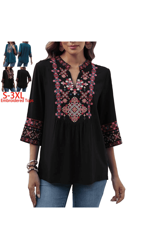 Womens Plus Size Tops 3/4 Sleeve V Neck Shirts Tunic Casual Floral Embroidered Loose Summer Fall Blouses Mexican Peasant Cotton Rayon Shirts-801/Black/2XL
