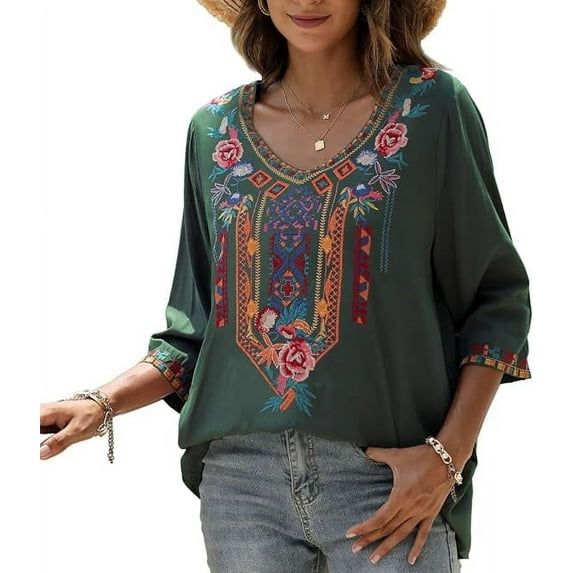 Grosy Womens Plus Size Tops 3/4 Sleeve V Neck Shirts Tunic Casual Floral Embroidered Loose Summer Fall Blouses Mexican Peasant Cotton Rayon Shirts-328/Green/L