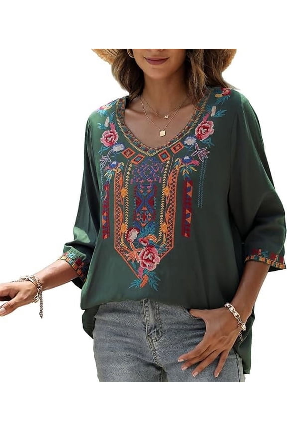 Womens Plus Size Tops 3/4 Sleeve V Neck Shirts Tunic Casual Floral Embroidered Loose Summer Fall Blouses Mexican Peasant Cotton Rayon Shirts-328/Green/L
