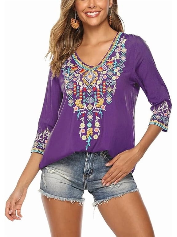 Womens Plus Size Tops 3/4 Sleeve V Neck Shirts Tunic Casual Floral Embroidered Loose Summer Fall Blouses Mexican Peasant Cotton Rayon Shirts-054/Purple/L