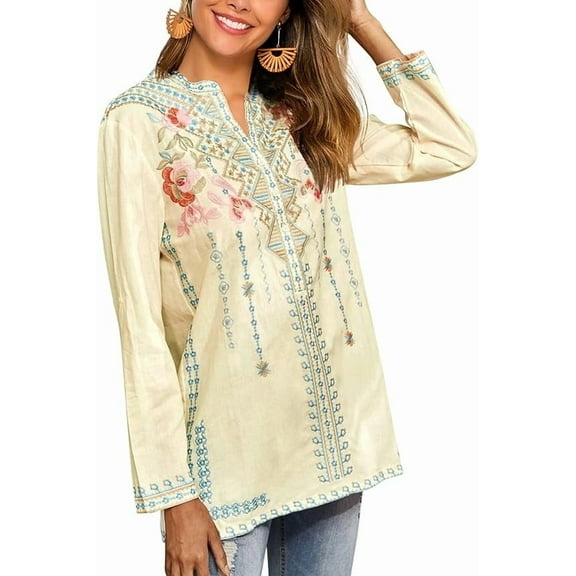 Grosy Womens Plus Size Tops 3/4 Sleeve V Neck Shirts Tunic Casual Floral Embroidered Loose Summer Fall Blouses Mexican Peasant Cotton Rayon Shirts-127/Yellow/L