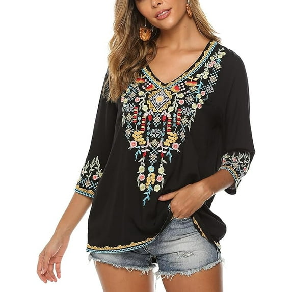 Grosy Womens Plus Size Tops 3/4 Sleeve V Neck Shirts Tunic Casual Floral Embroidered Loose Summer Fall Blouses Mexican Peasant Cotton Rayon Shirts-054/Black/M