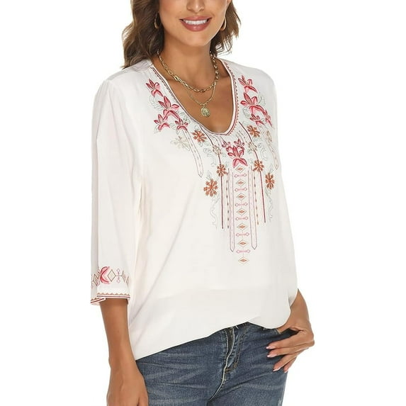 Grosy Women Tops Summer Womens Trendy Blouses Casual Plus Size 3/4 Short Sleeve Tops Mexican Embroidered Cotton Shirts-355/White/M