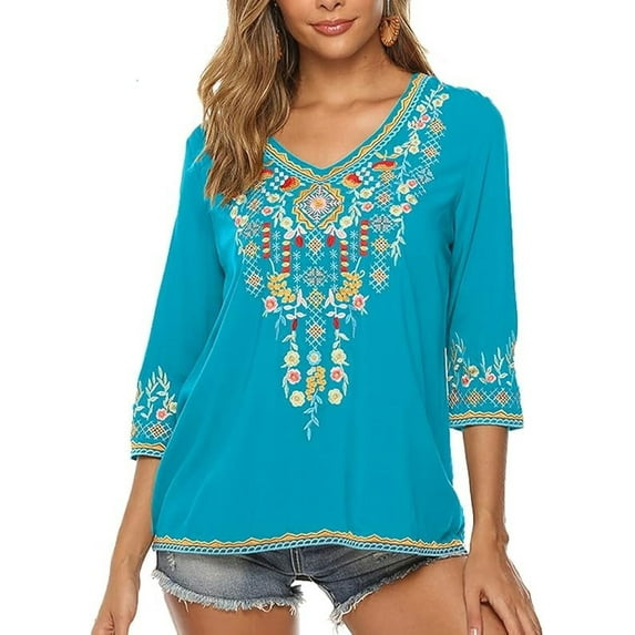 Grosy Womens Plus Size Tops 3/4 Sleeve V Neck Shirts Tunic Casual Floral Embroidered Loose Summer Fall Blouses Mexican Peasant Cotton Rayon Shirts-054/Blue/S
