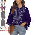 thumbnail image 1 of Grosy Embroidered Tops for Women 3/4 Sleeve V Neck Plus Size Boho Mexican Style Blouse Peasant Tops Women T Shirts Casual Tee Ladies Tunics-S/Purple/372/G, 1 of 7
