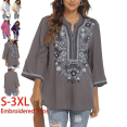 thumbnail image 1 of Grosy Embroidered Tops for Women 3/4 Sleeve V Neck Plus Size Boho Mexican Style Blouse Peasant Tops Women T Shirts Casual Tee Ladies Tunics-XL/Gray/372/G, 1 of 9