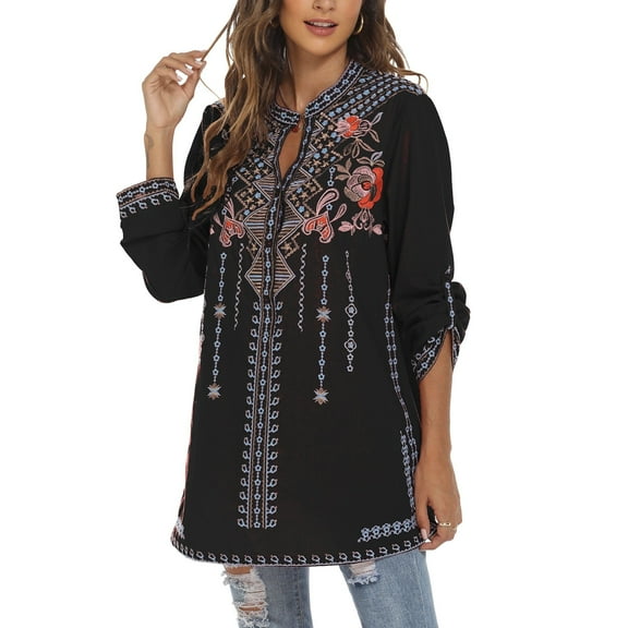 Grosy Womens Plus Size Tops 3/4 Sleeve V Neck Shirts Tunic Casual Floral Embroidered Loose Summer Fall Blouses Mexican Peasant Cotton Rayon Shirts-127/Black/2XL