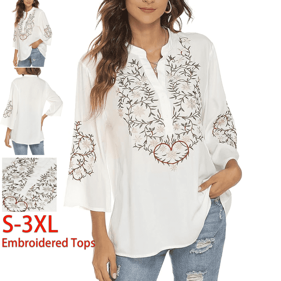 Grosy Embroidered Tops for Women Long Sleeve V Neck Plus Size Boho Mexican Style Blouse Peasant Tops Women T Shirts Casual Tee Ladies Tunics-XL/White/380/G