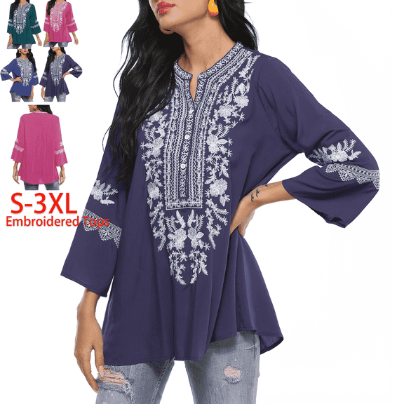 Grosy Womens Plus Size Tops Long Sleeve V Neck Shirts Tunic Casual Floral Embroidered Loose Summer Fall Blouses Mexican Peasant Cotton Rayon Shirts-200/Purple/2XL