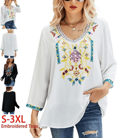 Grosy Embroidered Tops for Women Plus Size 3/4 Sleeve Tunic Tops Mexican V Neck Peasant Cotton Rayon Blouses Maxi Vintage Boho Bohemian Casual Loose Clothes-White/618-WT-L/G