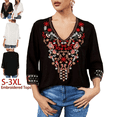 thumbnail image 1 of Grosy Womens Plus Size Tops 3/4 Sleeve V Neck Shirts Tunic Casual Floral Embroidered Loose Summer Fall Blouses Mexican Peasant Cotton Rayon Shirts-354/Black/L, 1 of 7