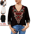 thumbnail image 1 of Grosy Womens Plus Size Tops 3/4 Sleeve V Neck Shirts Tunic Casual Floral Embroidered Loose Summer Fall Blouses Mexican Peasant Cotton Rayon Shirts-354/Black/2XL, 1 of 7