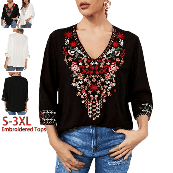 Grosy Womens Plus Size Tops 3/4 Sleeve V Neck Shirts Tunic Casual Floral Embroidered Loose Summer Fall Blouses Mexican Peasant Cotton Rayon Shirts-354/Black/2XL
