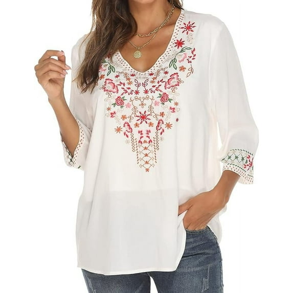 Grosy Womens Plus Size Tops 3/4 Sleeve V Neck Shirts Tunic Casual Floral Embroidered Loose Summer Fall Blouses Mexican Peasant Cotton Rayon Shirts-354/White/XL