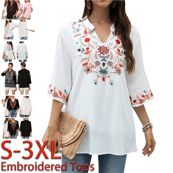 Grosy Embroidered Tops for Women Plus Size 3/4 Sleeve Tunic Tops Mexican V Neck Peasant Cotton Rayon Blouses Maxi Vintage Boho Bohemian Casual Loose Clothes-White/683-WT-XXXL/G