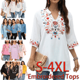 thumbnail image 1 of Grosy Embroidered Tops for Women Plus Size 3/4 Sleeve Tunic Tops Mexican V Neck Peasant Cotton Rayon Blouses Maxi Vintage Boho Bohemian Casual Loose Clothes-White-683-WT-L/G, 1 of 7