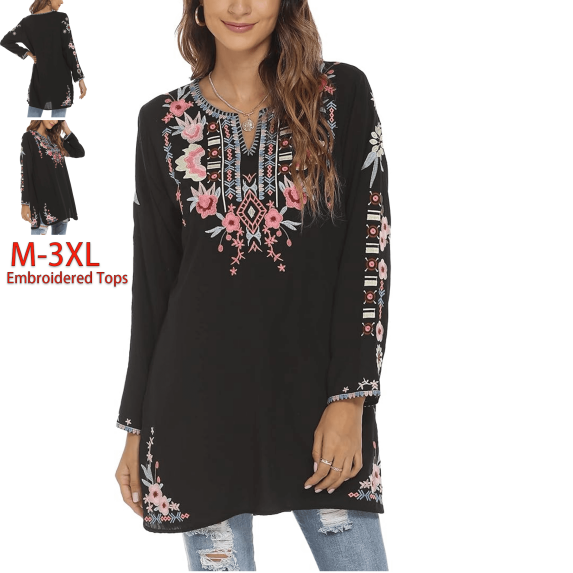 Grosy Embroidered Tops for Women Plus Size Long Sleeve Tunic Tops Mexican V Neck Peasant Cotton Rayon Blouses Maxi Vintage Boho Bohemian Casual Loose Clothes-Black/367-BK-XL/G
